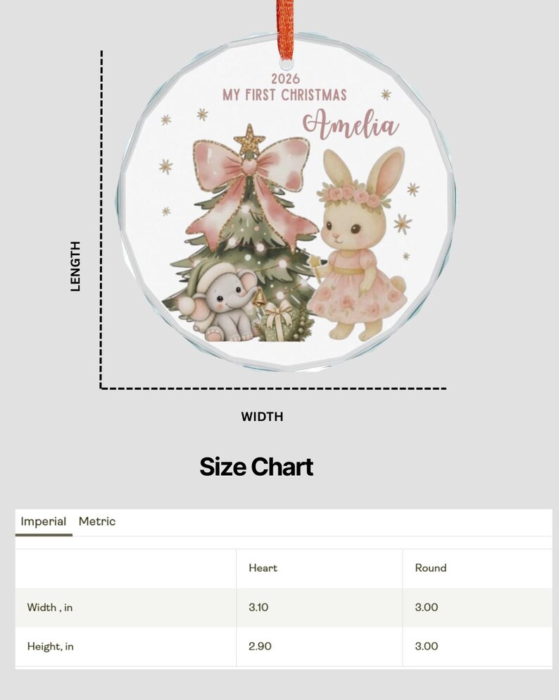 May include: A round, clear glass Christmas ornament featuring a printed illustration of a rabbit and an elephant near a decorated tree. The text reads 2026 MY FIRST CHRISTMAS Amelia. The ornament has a red ribbon hanger and measures 7.62 cm.