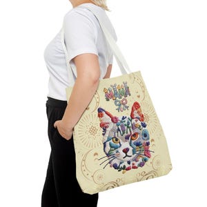 Floral Cat Face mama Tote Bag | Colorful Embroidered Style Animal Print image 9