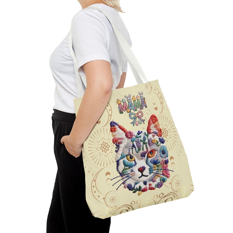 Floral Cat Face mama Tote Bag | Colorful Embroidered Style Animal Print image 9
