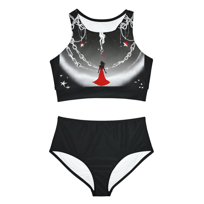 Vêtements de plage actifs Ensemble de bikini à motifs sportifs AOP,Maillot de bain athlétique tendance,Deux-pièces athlétiques chics Bikini sportif à imprimés image 2