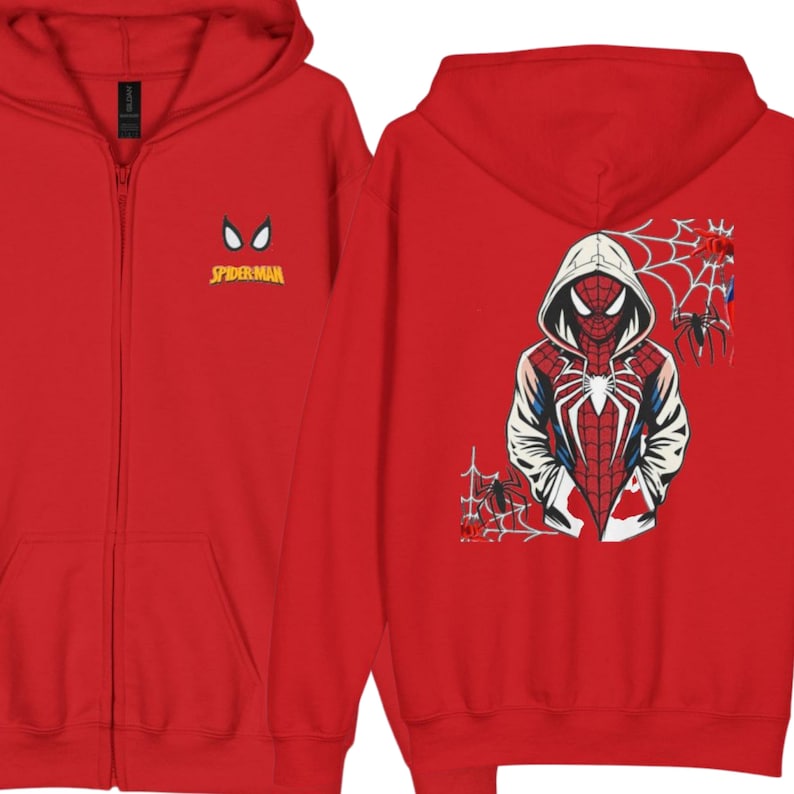 Op de afbeelding: Een felrode zip-up hoodie met een kleine Spider-Man oogafbeelding en tekst op de linkerborst. De achterkant toont een grote, gedetailleerde illustratie van het personage in een pak met capuchon, voorzien van een spinnenwebontwerp en zwarte spinnen.