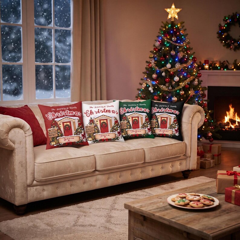 May include: Four square throw pillows featuring a printed illustration of a house entrance with a red door, a wreath, and Christmas trees. The text reads The BROWN Family Christmas. The pillows are red, white, green, and black.