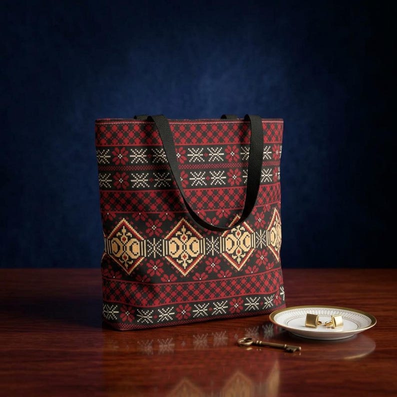 Red Aztec Boho Tote Bag | Geometric Tribal Pattern Tote image 1