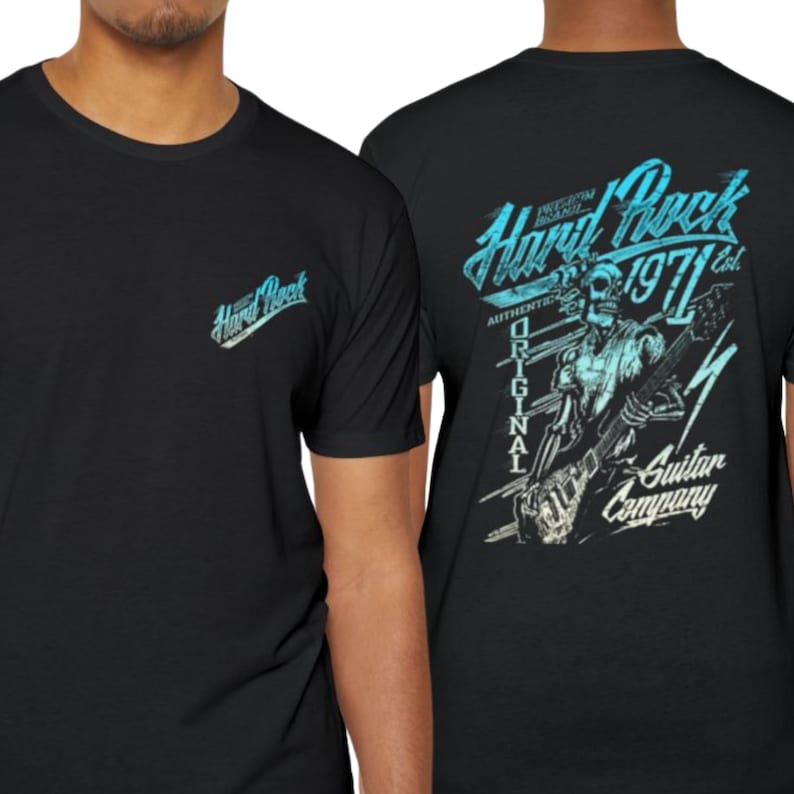 May include: A black t-shirt featuring a small blue Hard Rock logo on the front chest. The back displays a large graphic of a skeleton playing an electric guitar with the text Hard Rock 1971 Est. Original Guitar Company in blue and white.