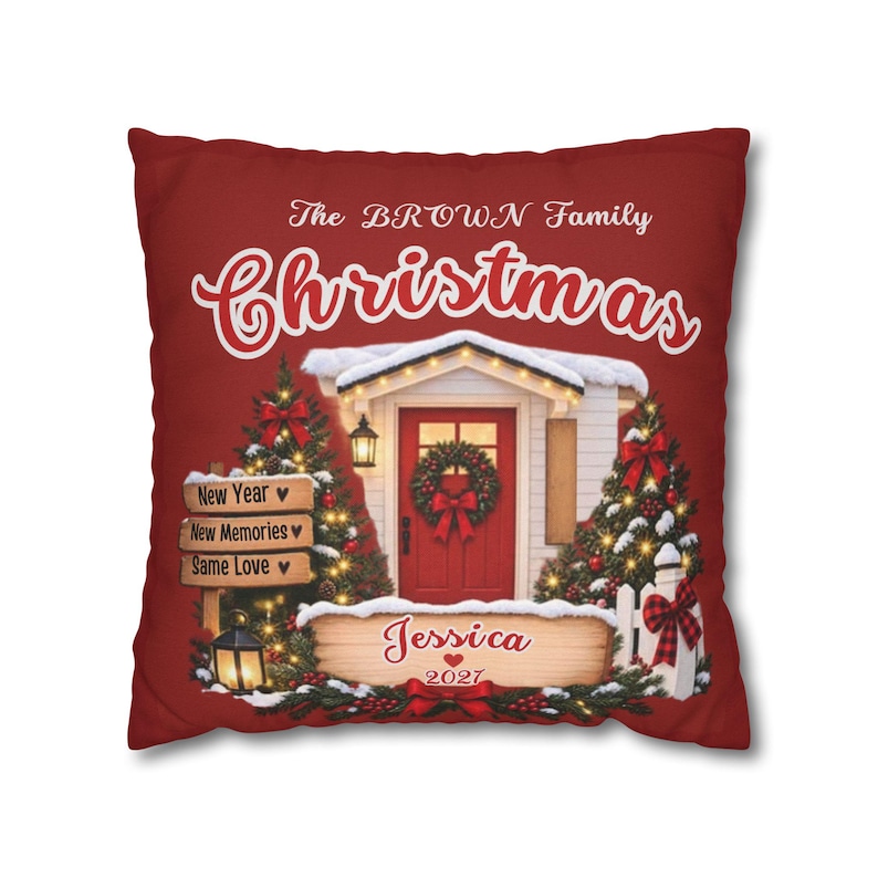 Personalized Holiday Cottage Pillowcase | Family Name Christmas Decor image 1