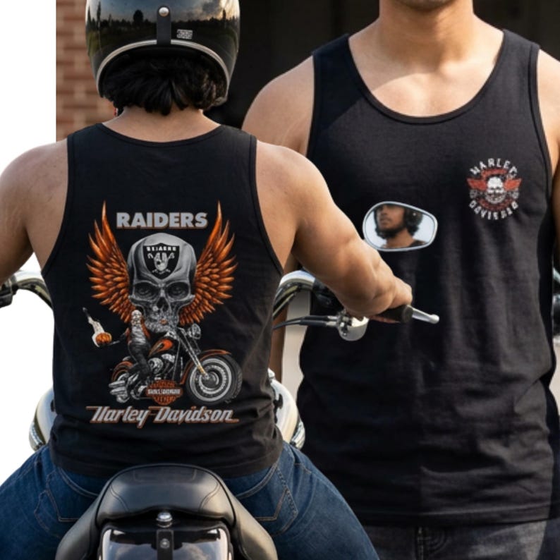 May include: A black tank top featuring a graphic on the back of a skull with wings, a motorcycle, and the text Raiders and Harley Davidson. The front of the tank top displays a smaller Harley Davidson logo with a skull and wings graphic.