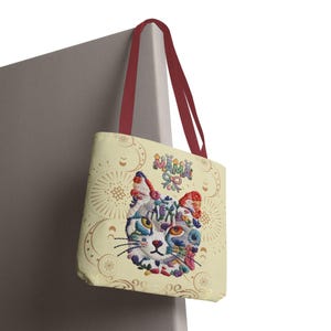 Floral Cat Face mama Tote Bag | Colorful Embroidered Style Animal Print image 6
