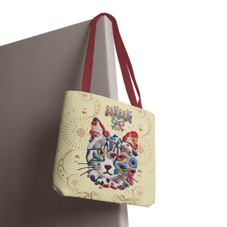 Floral Cat Face mama Tote Bag | Colorful Embroidered Style Animal Print image 6