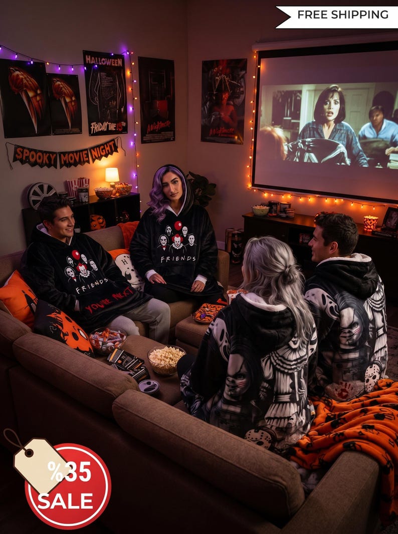 May include: Four individuals wearing black hooded sweatshirts featuring horror movie character graphics. Two sweatshirts display a group of iconic horror villains with the text "FRIENDS" and "YOU'RE NEXT," while others show detailed character prints.