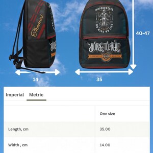 May include: A black backpack featuring a motorcycle graphic with the text "MOTORCYCLES", "NO RIDE NO LIFE", "BORN TO RIDE", and "AMERICAN LEGEND". The side displays the name "Thomas". Dimensions are 35 cm in length, 14 cm in width, and 40-47 cm in height.