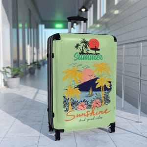 Summer Sunshine beach scene Suitcase | tropical palm trees, sailboat, retro sunset image 12