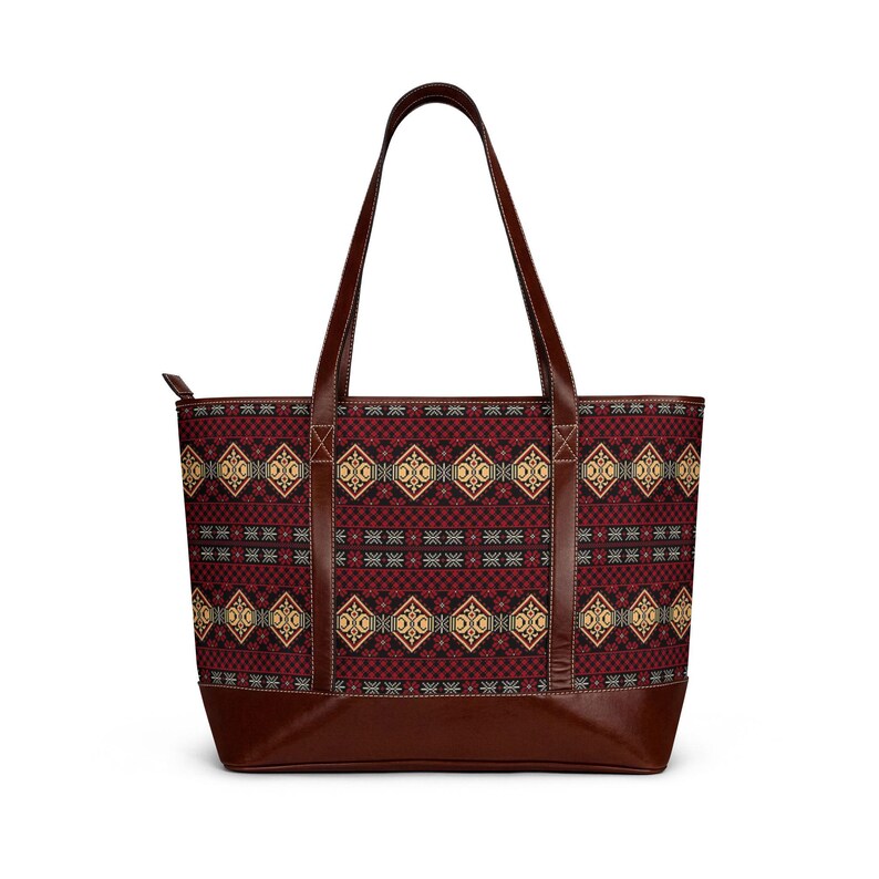Rustic Geometric Pattern Handbag | Burgundy Aztec Tote image 4