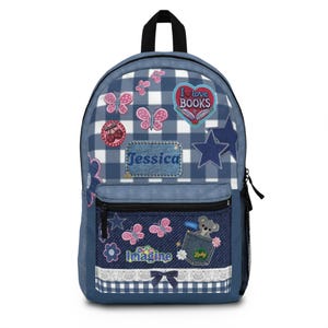 Mochila de mezclilla personalizada con parches / Mochila escolar infantil con nombre, placa "Me encantan los libros" imagen 1