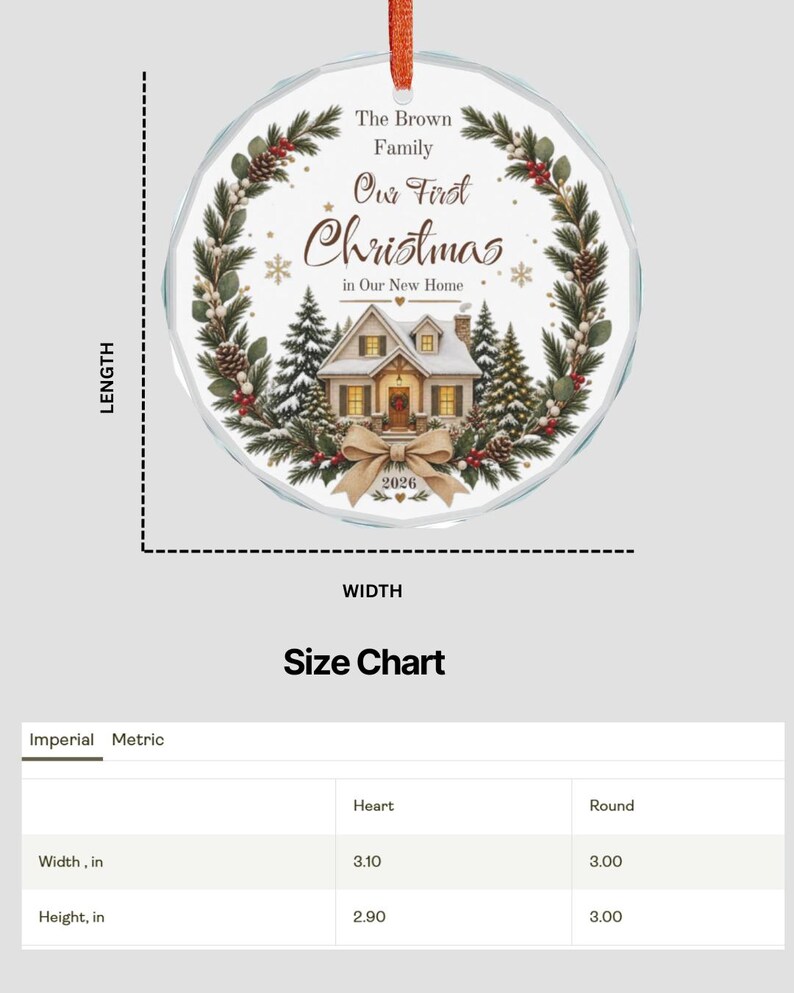 May include: A round, clear glass Christmas ornament featuring a printed wreath of pine branches, pinecones, and red berries surrounding a house illustration. Text reads: The Brown Family, Our First Christmas in Our New Home, 2026. Width 3.00 inches.