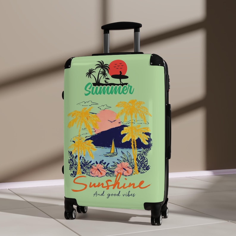Summer Sunshine beach scene Suitcase | tropical palm trees, sailboat, retro sunset image 2