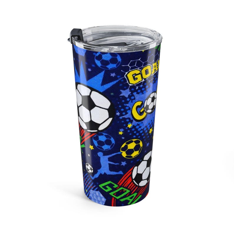 Bicchiere termico da viaggio con grafica a tema porta da calcio (20 oz) / Tazza da viaggio con motivo a pallone da calcio immagine 3