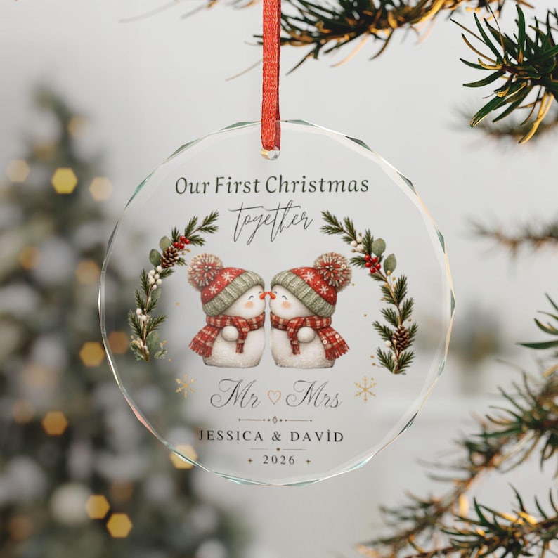 Snowman Couple Ornament | Personalized Crystal Glass for Our First Christmas image 1