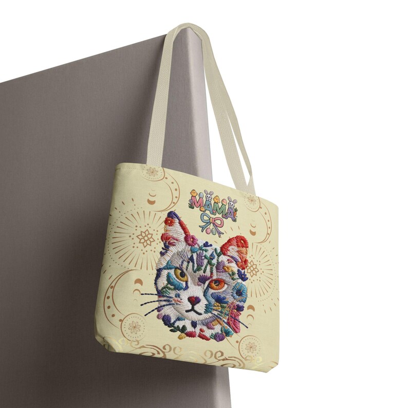 Floral Cat Face mama Tote Bag | Colorful Embroidered Style Animal Print image 20