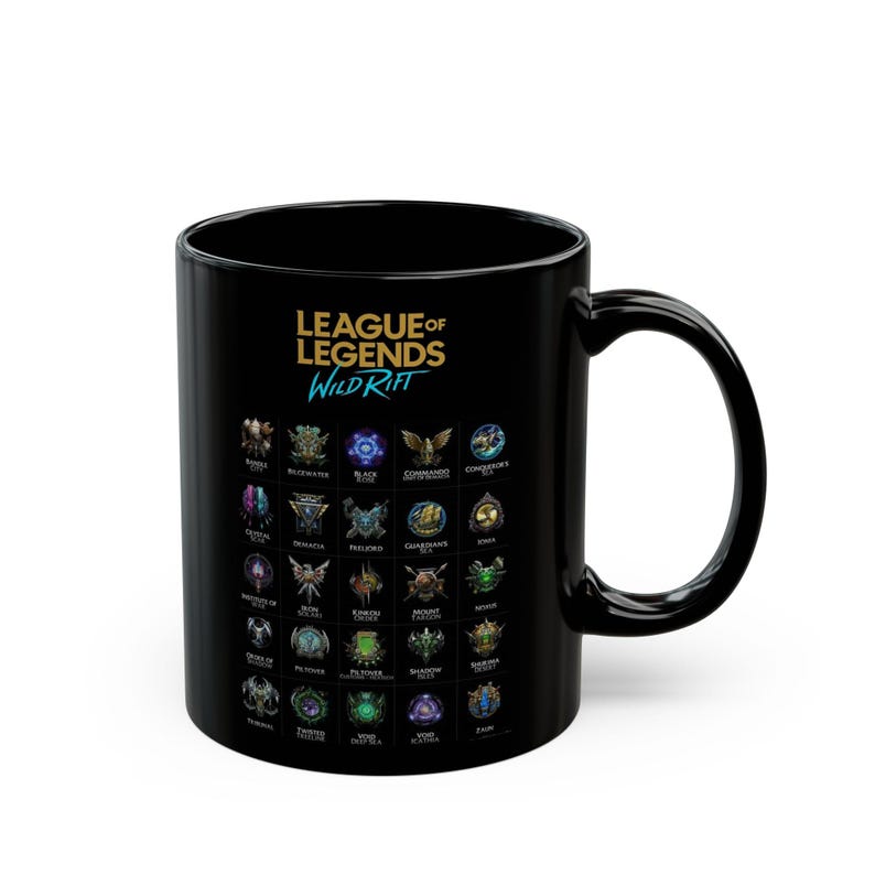 Tazza in ceramica nera con la tabella dei campioni del videogioco League of Legends Wild Rift / Tazza in ceramica nera immagine 1
