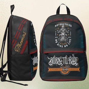 May include: A black backpack featuring a graphic of a skeleton riding a motorcycle with the text "MOTORCYCLES", "NO RIDE NO LIFE", "BORN TO RIDE", and "AMERICAN LEGEND". The side panel displays the name "Thomas" in gold cursive script.