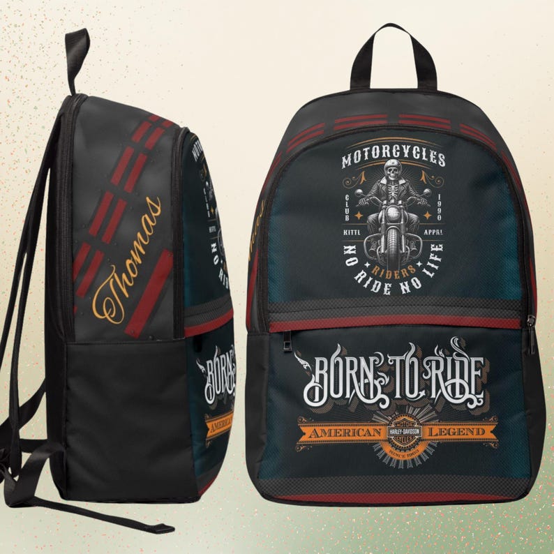 May include: A black backpack featuring a graphic of a skeleton riding a motorcycle with the text "MOTORCYCLES", "NO RIDE NO LIFE", "BORN TO RIDE", and "AMERICAN LEGEND". The side panel displays the name "Thomas" in gold cursive script.