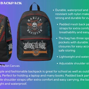 May include: A black nylon backpack featuring Harley-Davidson branding, a skull graphic, and the text Born To Ride. The side panel displays the name Thomas in gold script. It includes adjustable shoulder straps and zippered pockets.