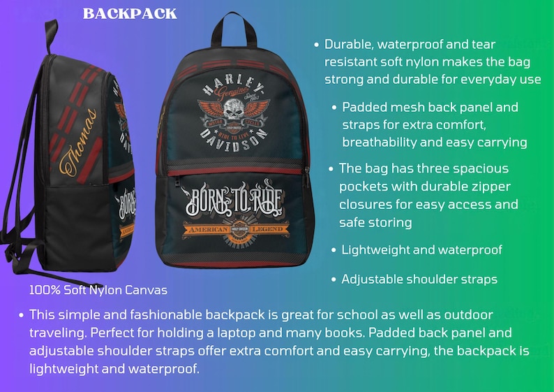 May include: A black nylon backpack featuring Harley-Davidson branding, a skull graphic, and the text Born To Ride. The side panel displays the name Thomas in gold script. It includes adjustable shoulder straps and zippered pockets.