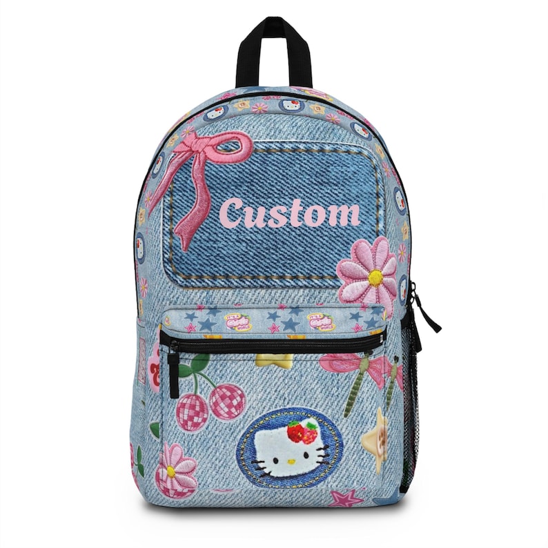 Back To School Hello Kitty Denim Patch Backpack | Personalized Name Kids School Bag image 2