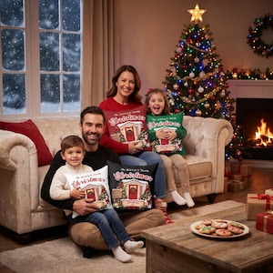 May include: Square throw pillows featuring a printed illustration of a house entrance decorated for the holidays, with the text "The Brown Family Christmas" and "Merry Christmas" in red and white script, available in red, green, black, and white.