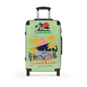 Summer Sunshine beach scene Suitcase | tropical palm trees, sailboat, retro sunset image 6