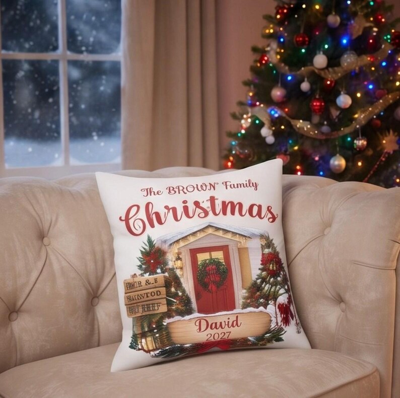 May include: A white square throw pillow featuring a festive holiday illustration of a house entrance with a wreath, Christmas trees, and the text The BROWN Family Christmas, David, and 2027 printed in red and brown script and serif fonts.