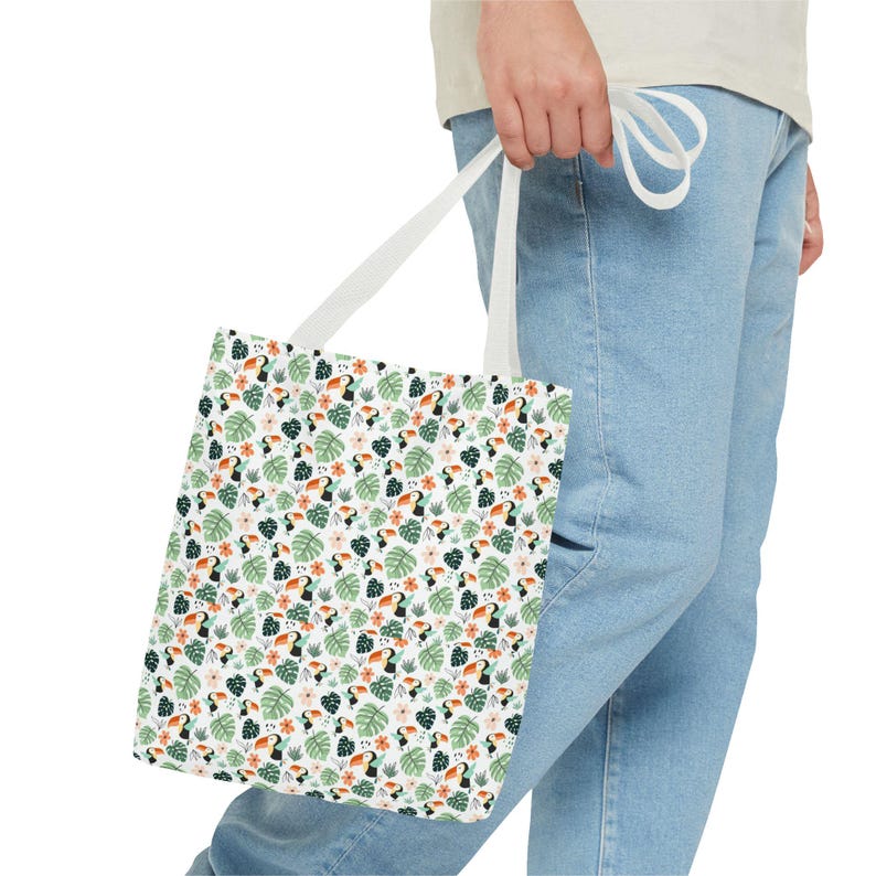 Tropical Toucan Leaves Tote Bag, All-Over Print Canvas Shoulder Bag image 16