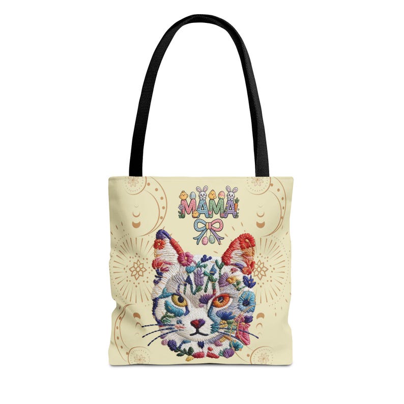 Floral Cat Face mama Tote Bag | Colorful Embroidered Style Animal Print image 1