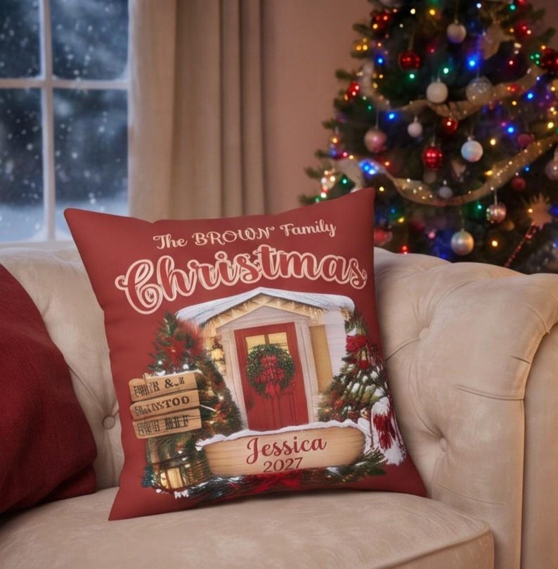 May include: A square red throw pillow featuring a festive illustration of a house entrance with a wreath on a red door, flanked by two Christmas trees. The text reads The BROWN Family Christmas, with a wooden sign displaying the name Jessica 2027.