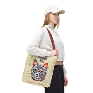Floral Cat Face mama Tote Bag | Colorful Embroidered Style Animal Print image 13