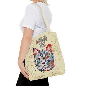 Floral Cat Face mama Tote Bag | Colorful Embroidered Style Animal Print image 10