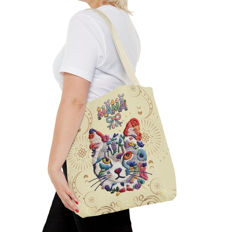 Floral Cat Face mama Tote Bag | Colorful Embroidered Style Animal Print image 10