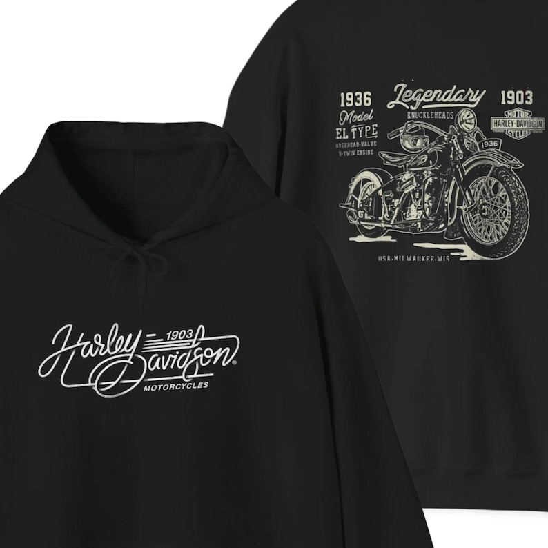 May include: A black hooded sweatshirt featuring a white Harley-Davidson logo on the front. The back displays a detailed white graphic of a 1936 Harley-Davidson motorcycle with the text 1936, Legendary, Model EL Type, Knuckleheads, and 1903.