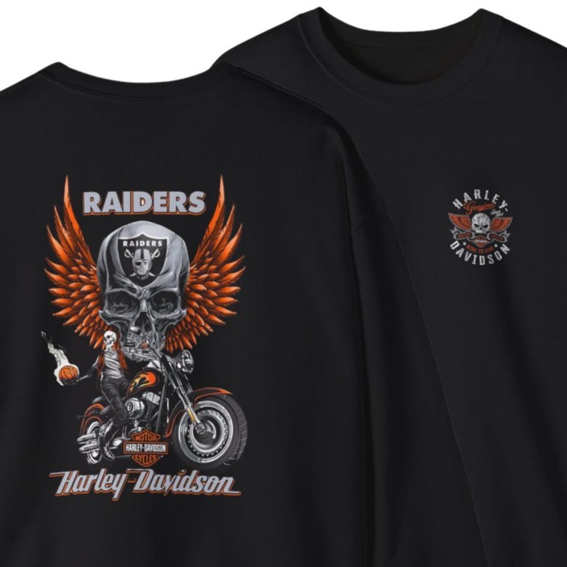 Raiders Skull Motorcycle with Wings Crewneck Sweatshirt | Harley Davidson Style image 1