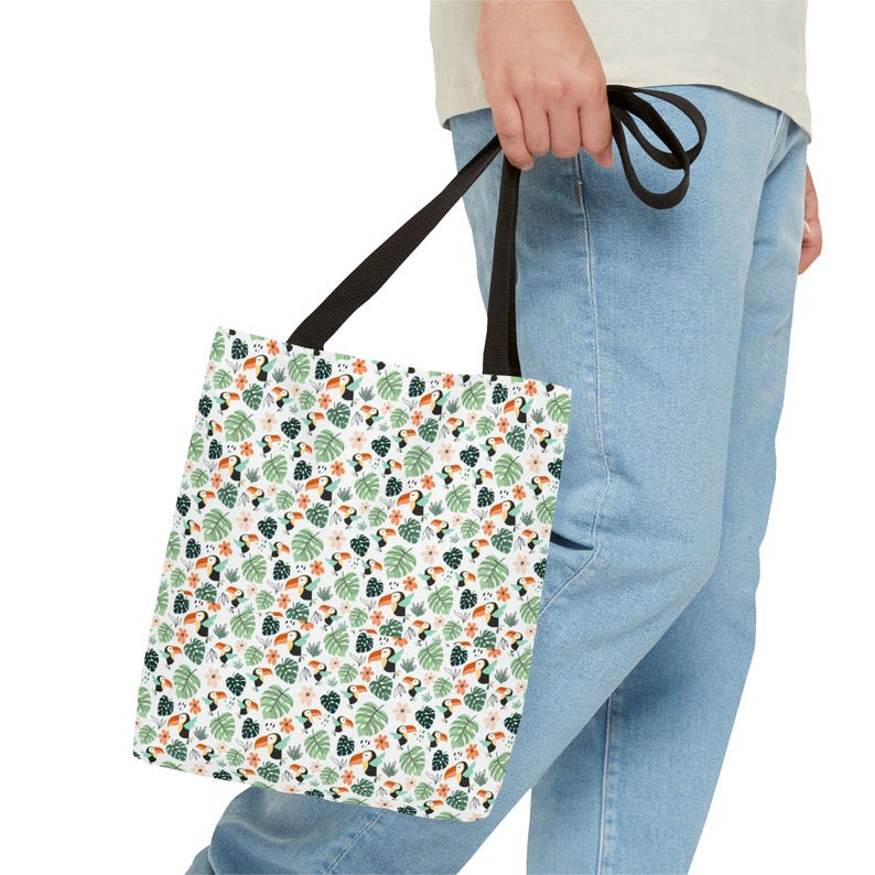 Tropical Toucan Leaves Tote Bag, All-Over Print Canvas Shoulder Bag image 3
