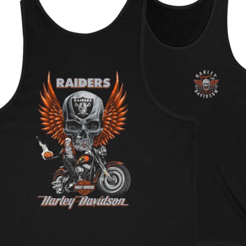 May include: A black tank top featuring a graphic of a skull with orange wings, a motorcycle, and the text Raiders and Harley-Davidson. A smaller Harley-Davidson logo with a skull is printed on the upper chest area of the garment.
