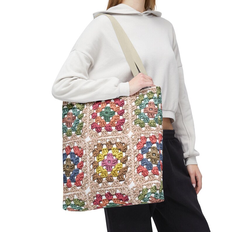 Colorful Crochet Granny Squares Tote | Pattern All-Over-Print Bag image 10
