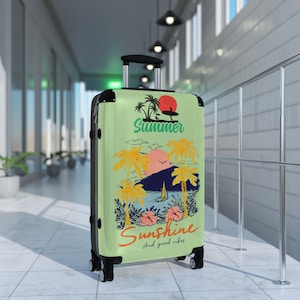 Summer Sunshine beach scene Suitcase | tropical palm trees, sailboat, retro sunset image 10