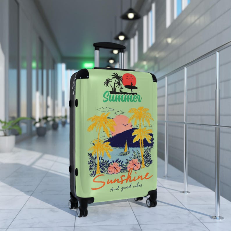 Summer Sunshine beach scene Suitcase | tropical palm trees, sailboat, retro sunset image 10