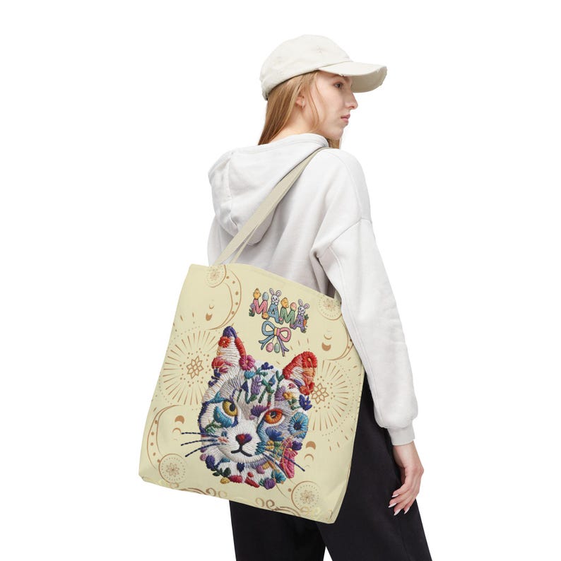 Floral Cat Face mama Tote Bag | Colorful Embroidered Style Animal Print image 14