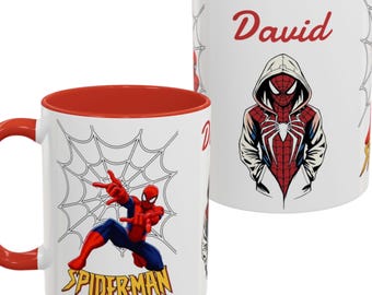 カスタムスパイダーヒーローネームマグ、アクセントコーヒーマグ（11オンス、15オンス）｜スパイダーマンパーカーイラスト