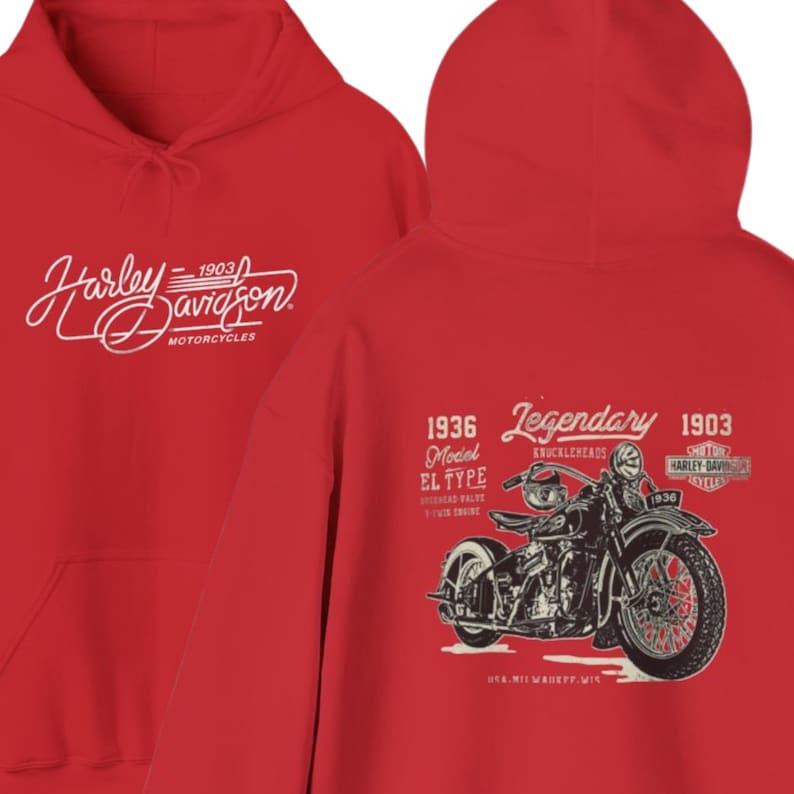 May include: A bright red hooded sweatshirt featuring a white Harley-Davidson logo on the front. The back displays a detailed black and white graphic of a 1936 motorcycle with the text Legendary, 1936 Model EL Type, and 1903 Harley-Davidson logo.