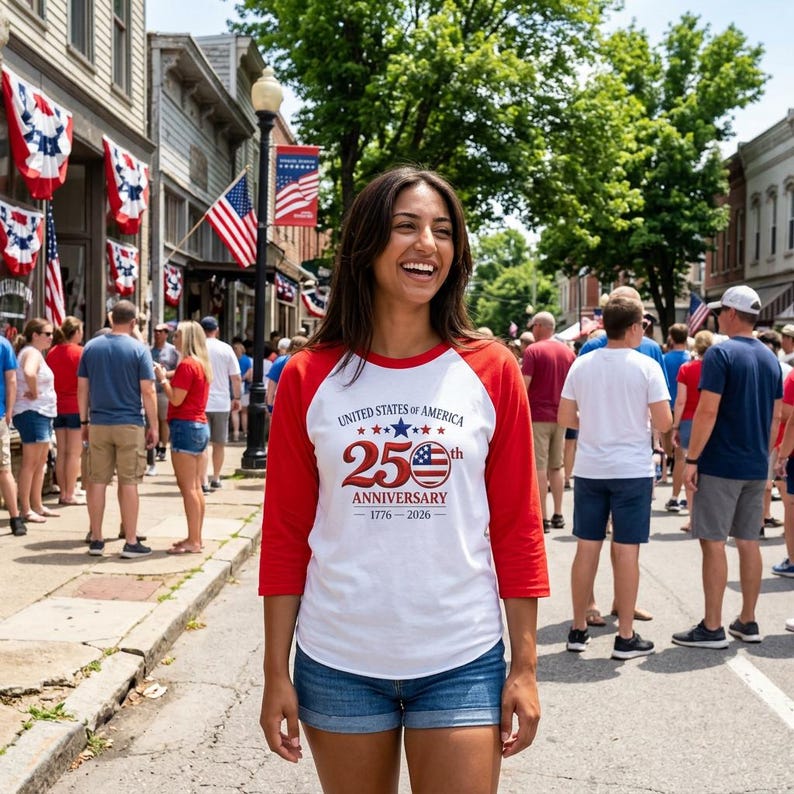 May include: A woman wearing a white and red baseball tee with the text "UNITED STATES OF AMERICA 25th ANNIVERSARY 1776-2026" stands in a crowd. The shirt has red sleeves and a white body. She is wearing blue jean shorts.