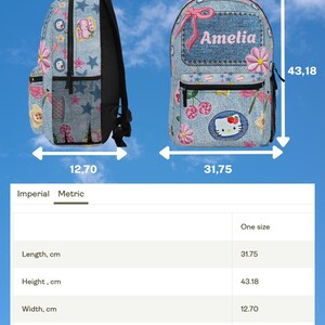 May include: A denim-print backpack featuring a Hello Kitty graphic, pink bows, and floral patches. The name Amelia is printed on the front pocket. Dimensions are 17 inches high, 12.5 inches long, and 5 inches wide, as indicated by the measurement labels.