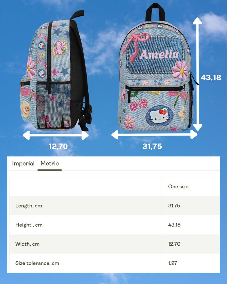 May include: A denim-print backpack featuring a Hello Kitty graphic, pink bows, and floral patches. The name Amelia is printed on the front pocket. Dimensions are 17 inches high, 12.5 inches long, and 5 inches wide, as indicated by the measurement labels.